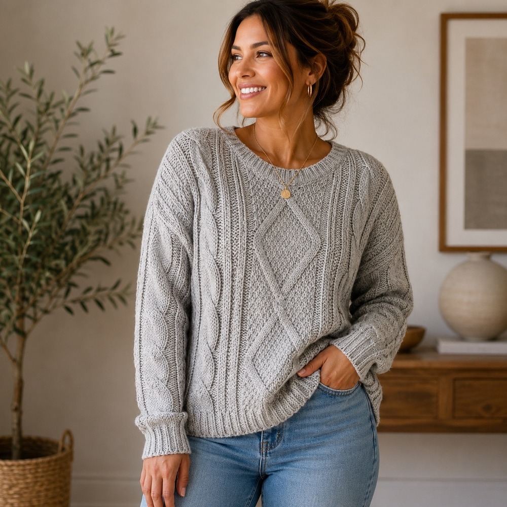 AEMI + CO Women Gray Cable Knit Sweater Crew Neck Long Sleeve Size M NWT